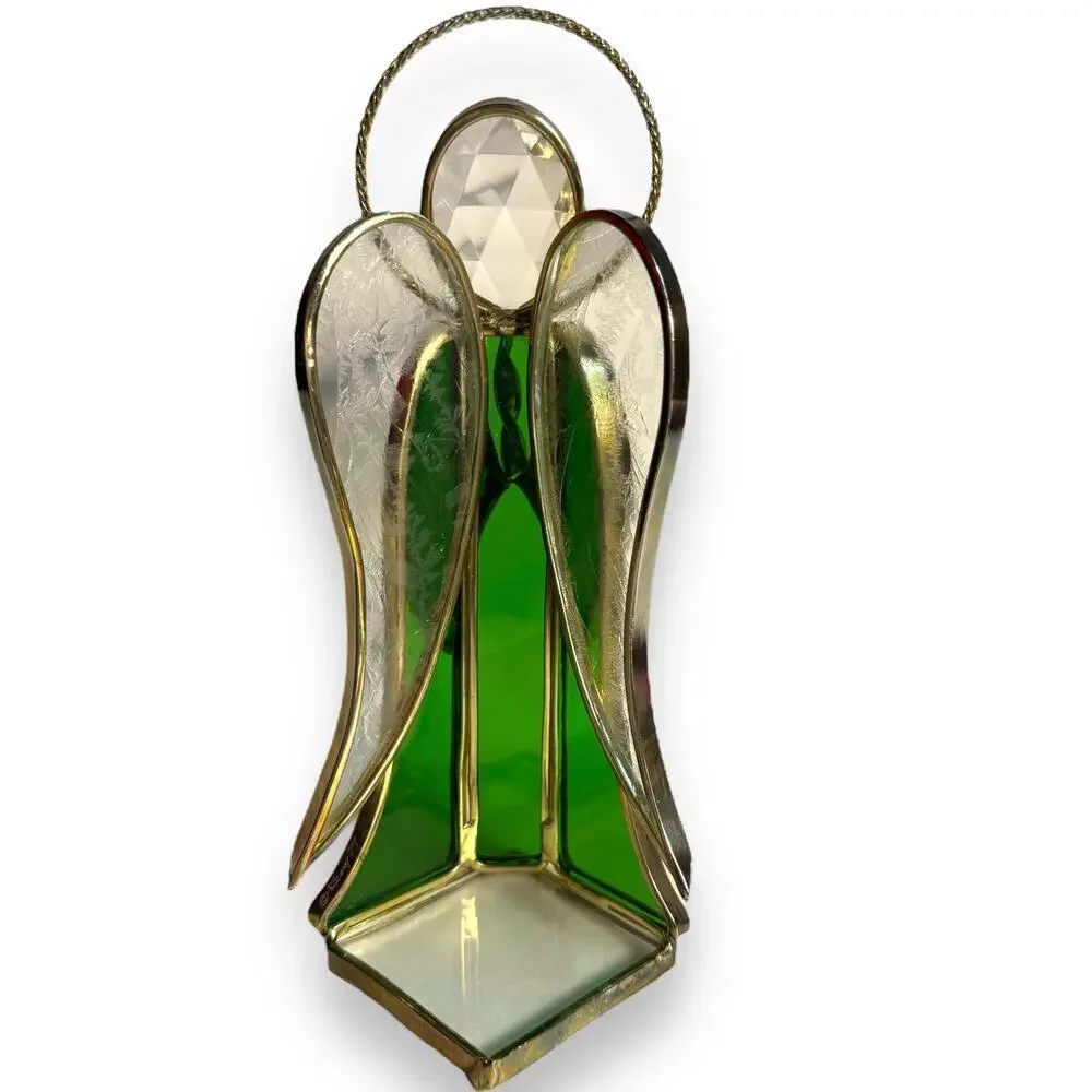 VTG Green Stained Glass Gold Tone Angel Candle Votive Holder Signed Leny 1979